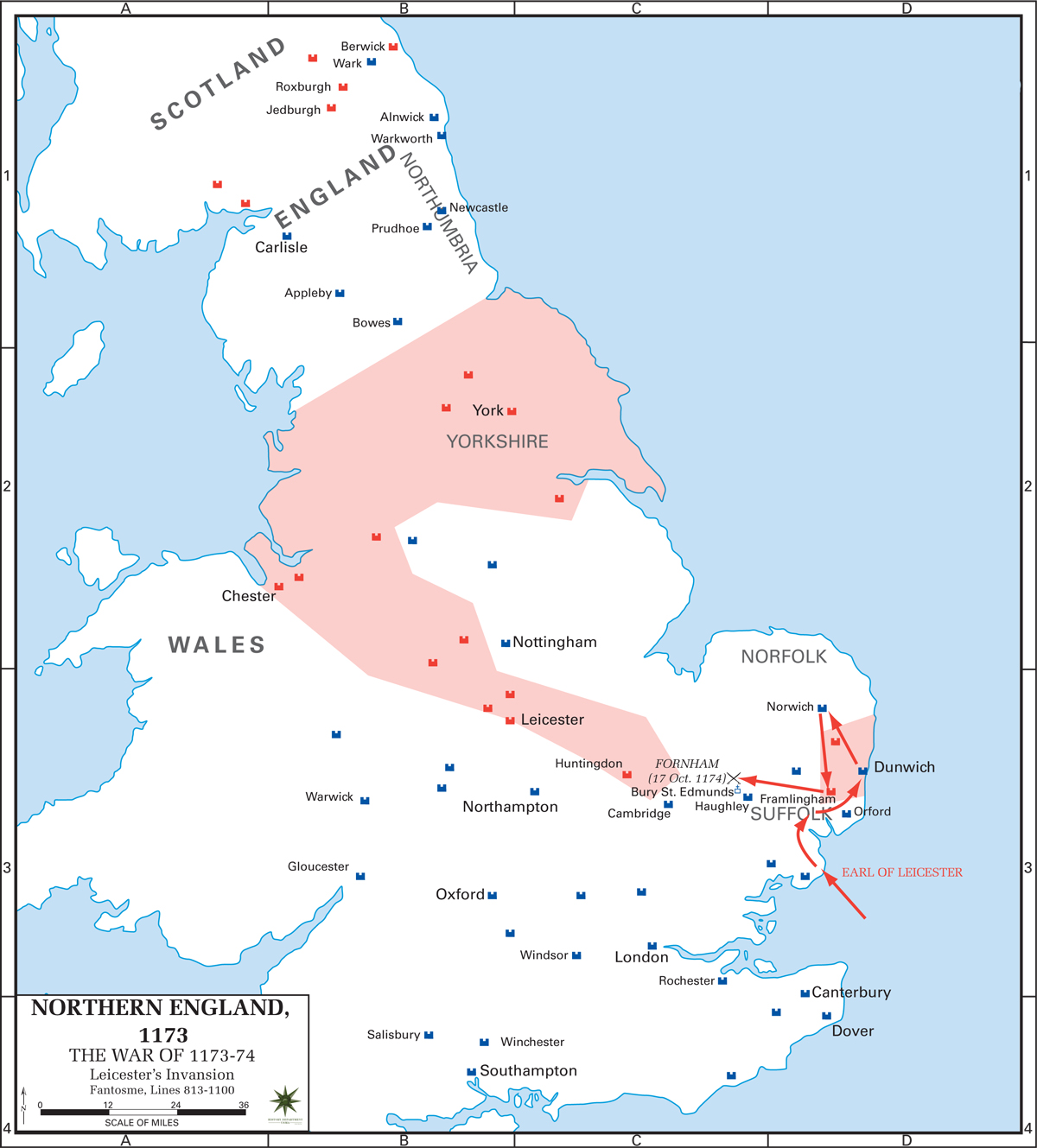Map of Northern England - Anglo-Norman Rebellion 1173-1174 - Leicester's Invasion