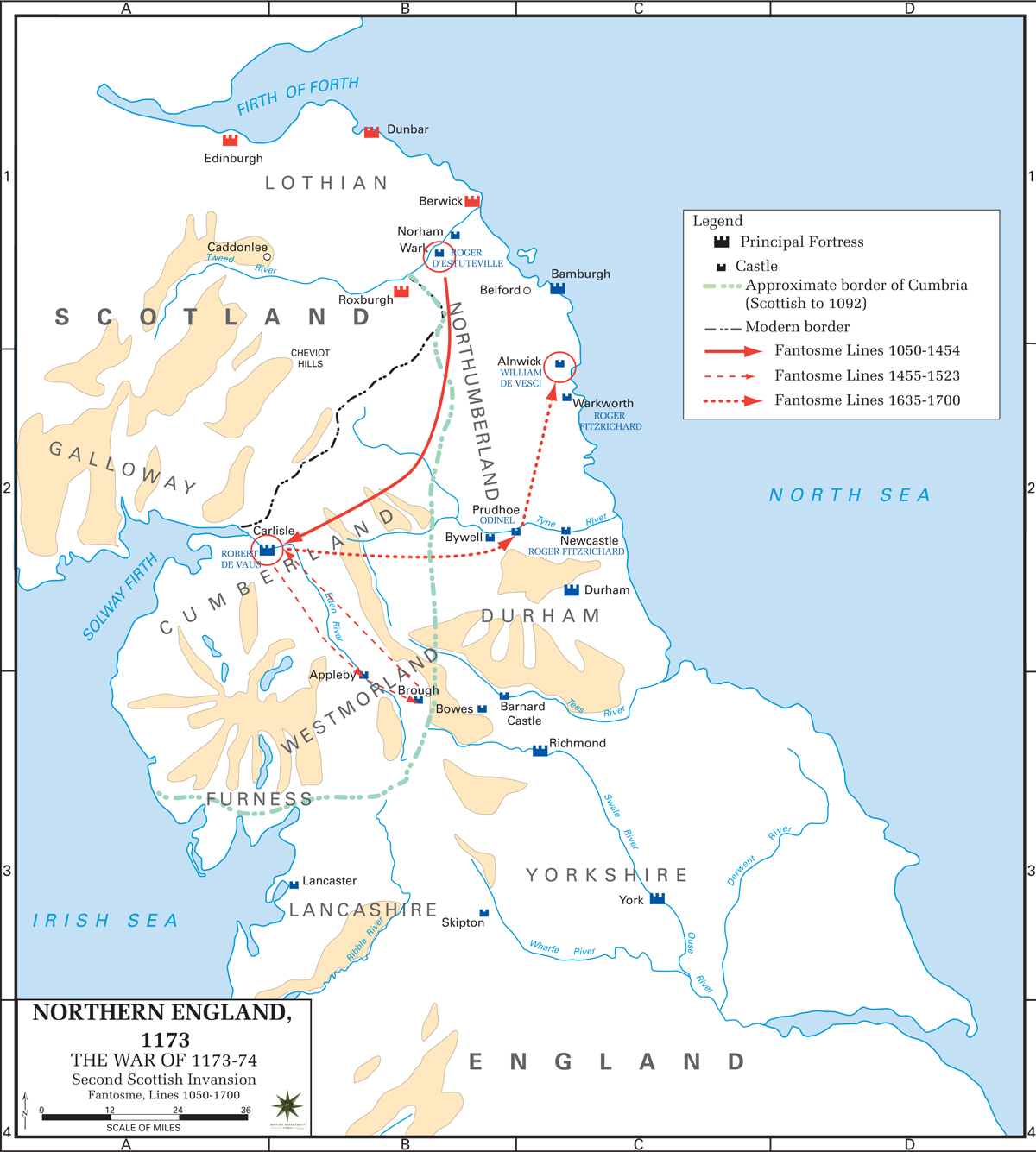 Map of Northern England - Anglo-Norman Rebellion 1173-1174 - Second Scottish Invasion