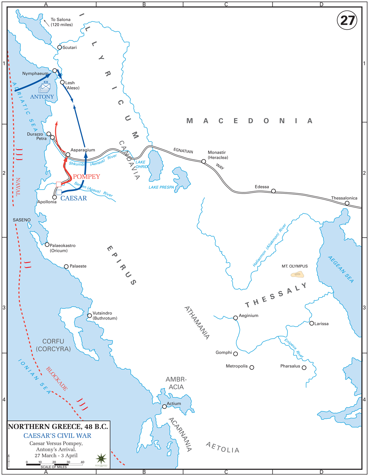 Map of the Roman Civil War: Antony's Arrival March 27-April 3, 48 BC