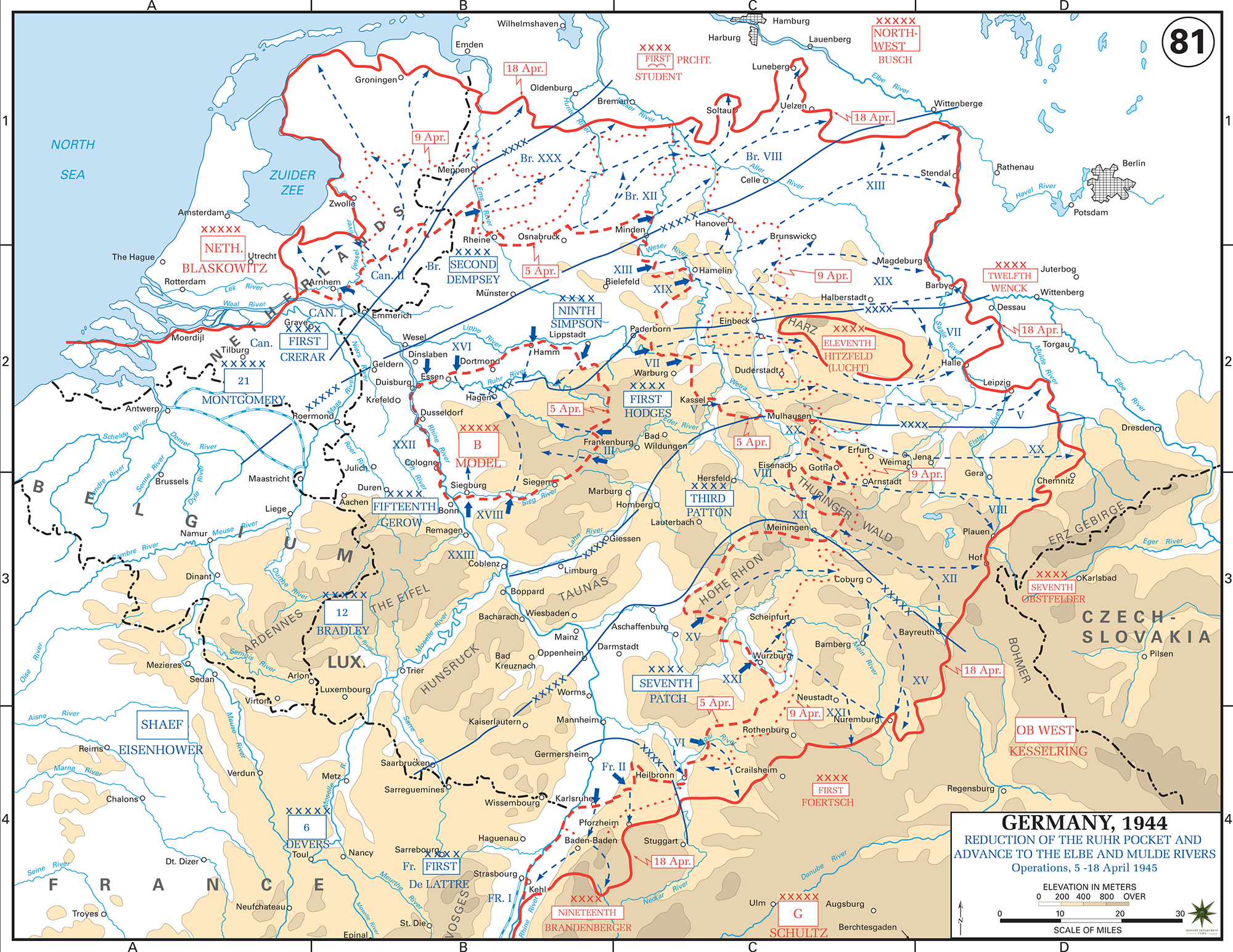 Map of World War II: Germany. Reduction of the Ruhr Pocket and Advance to the Elbe and Mulde Rivers. Operations April 5-18, 1945