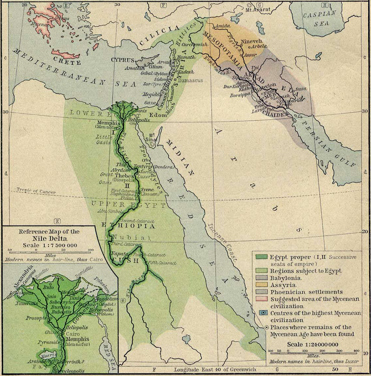 Map of Ancient Egypt, Ancient Syria, and Ancient Mesopotamia about 1450 B.C.