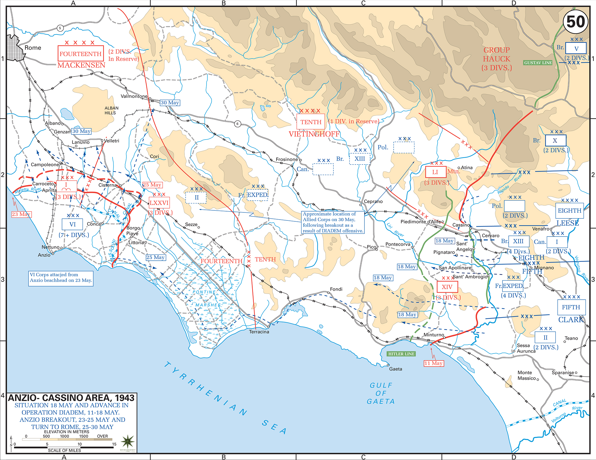 Map of WWII Italy, Anzio-Cassino Region, May 11 - 30, 1944