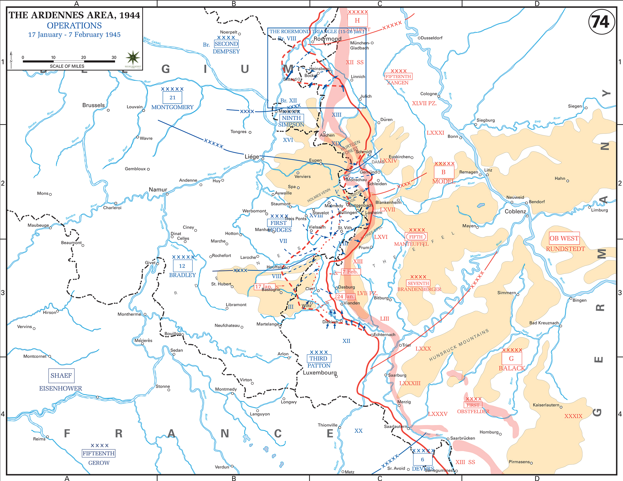 Map of World War II: Ardennes. German Counter-Offensive. Operations January 17 - February 7, 1945