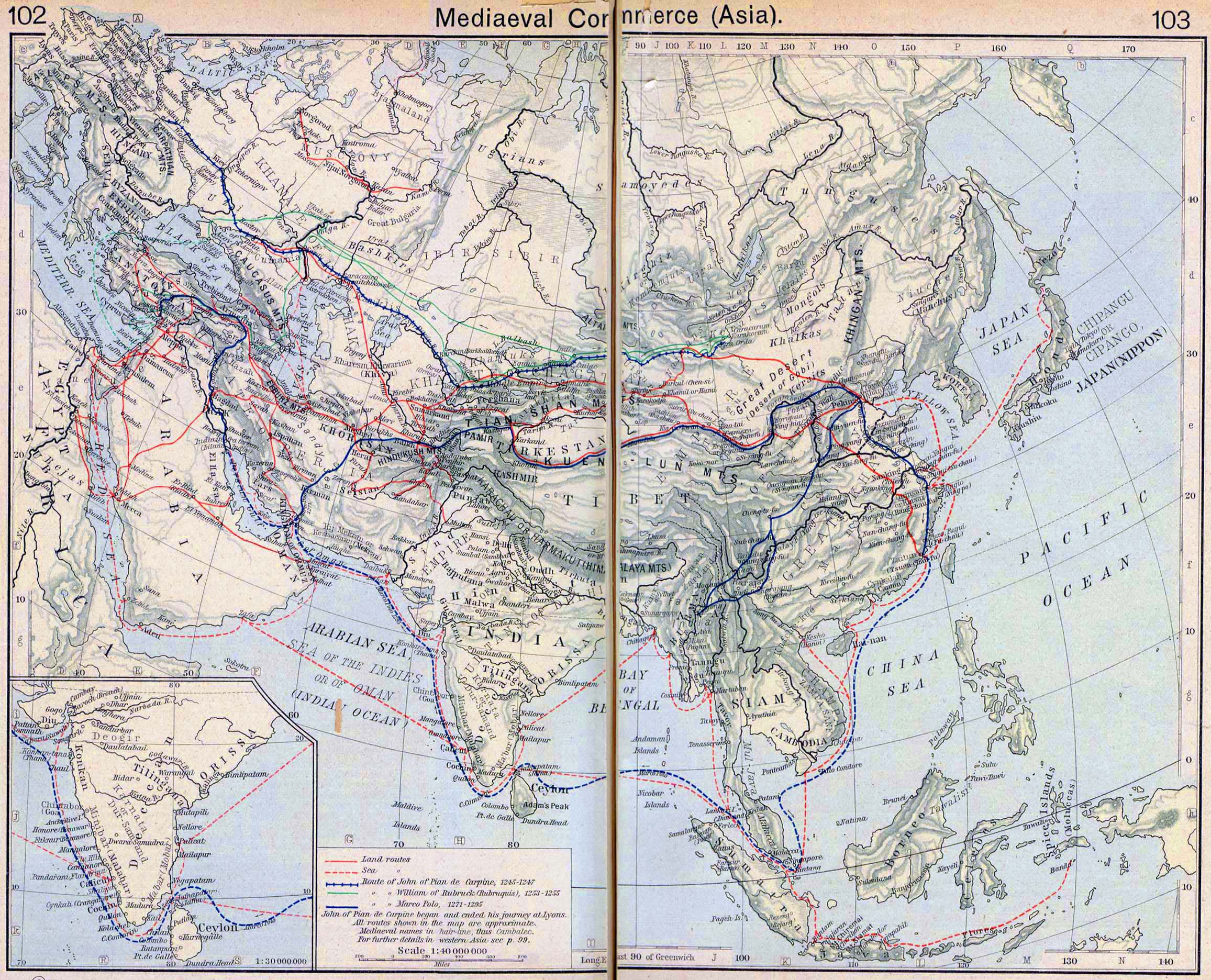 Map of Asia 13th century, travel routes