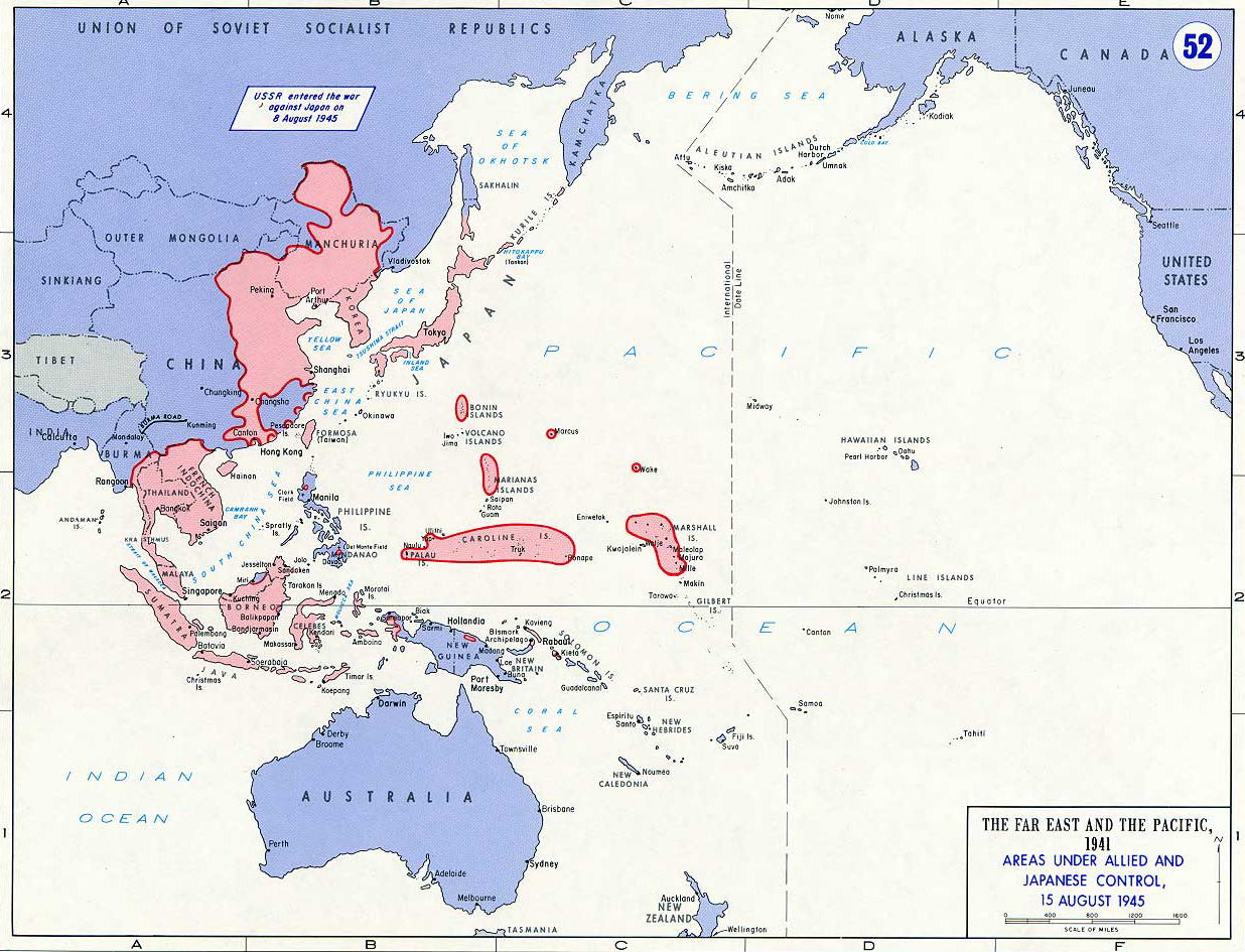 Map of World War II: The Far East and the Pacific. Areas Under Allied and Japanese Control. Situation August 15, 1945.