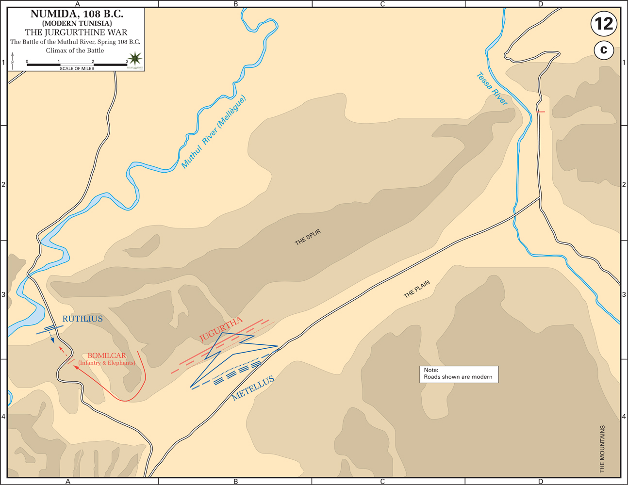 Map of Ancient Numidia: the Battle of the Muthul River, 108 BC - Climax of the Battle