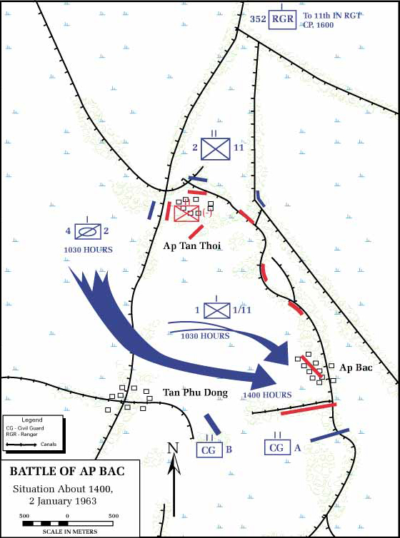 History Map of the Vietnam War. Battle of Ap Bac, Situation about 14.00 h, January 2, 1963.