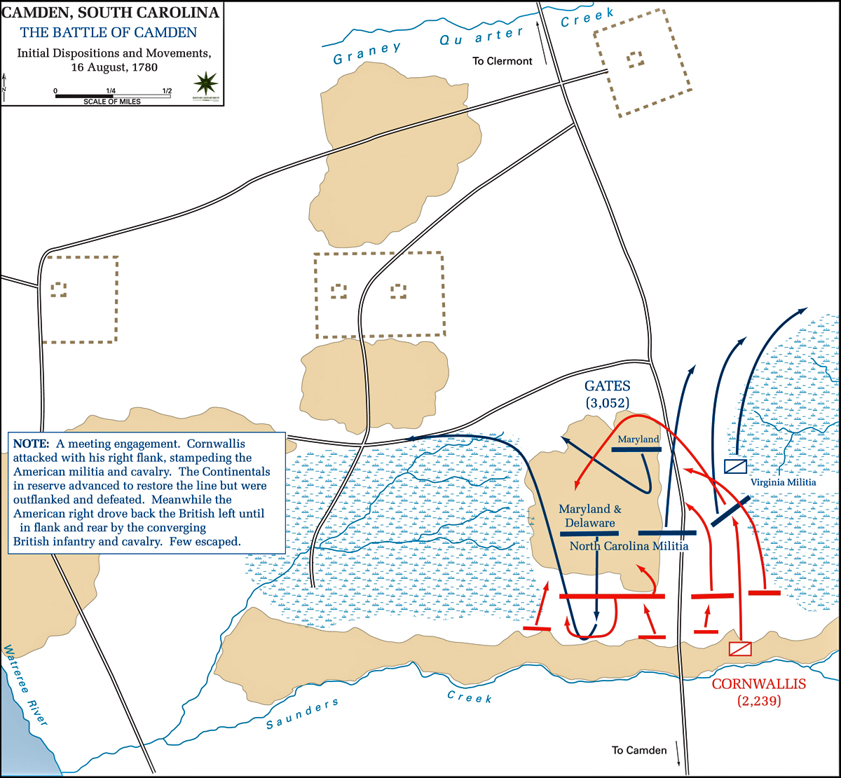 Map of the Battle of Camden - August 16, 1780