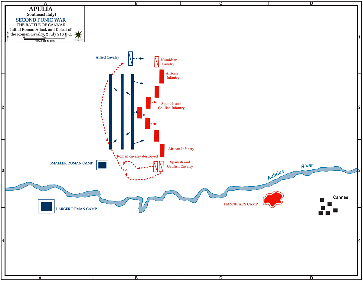 Map of the Battle of Cannae 216 BC - Initial Attack