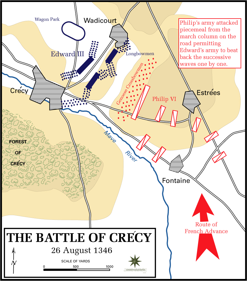 Map of the Battle of Crecy (Battle of Crécy) - August 26, 1346