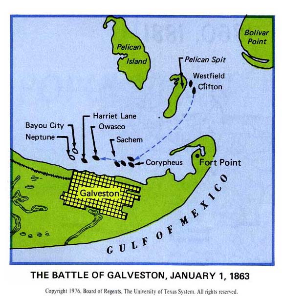 Map of the Battle of Galveston - January 1, 1863