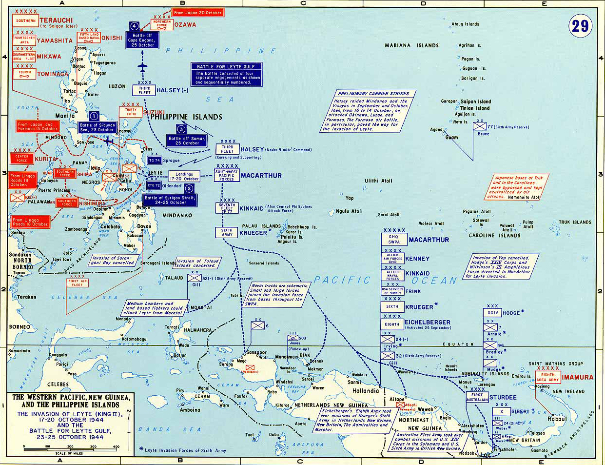Map of World War II: The Western Pacific. New Guinea, and the Philippine Islands.  