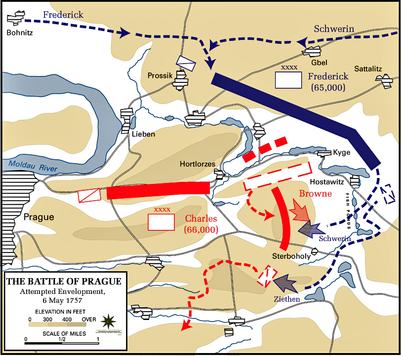Map of the Battle of Prague - May 6, 1757 - Attempted Envelopment