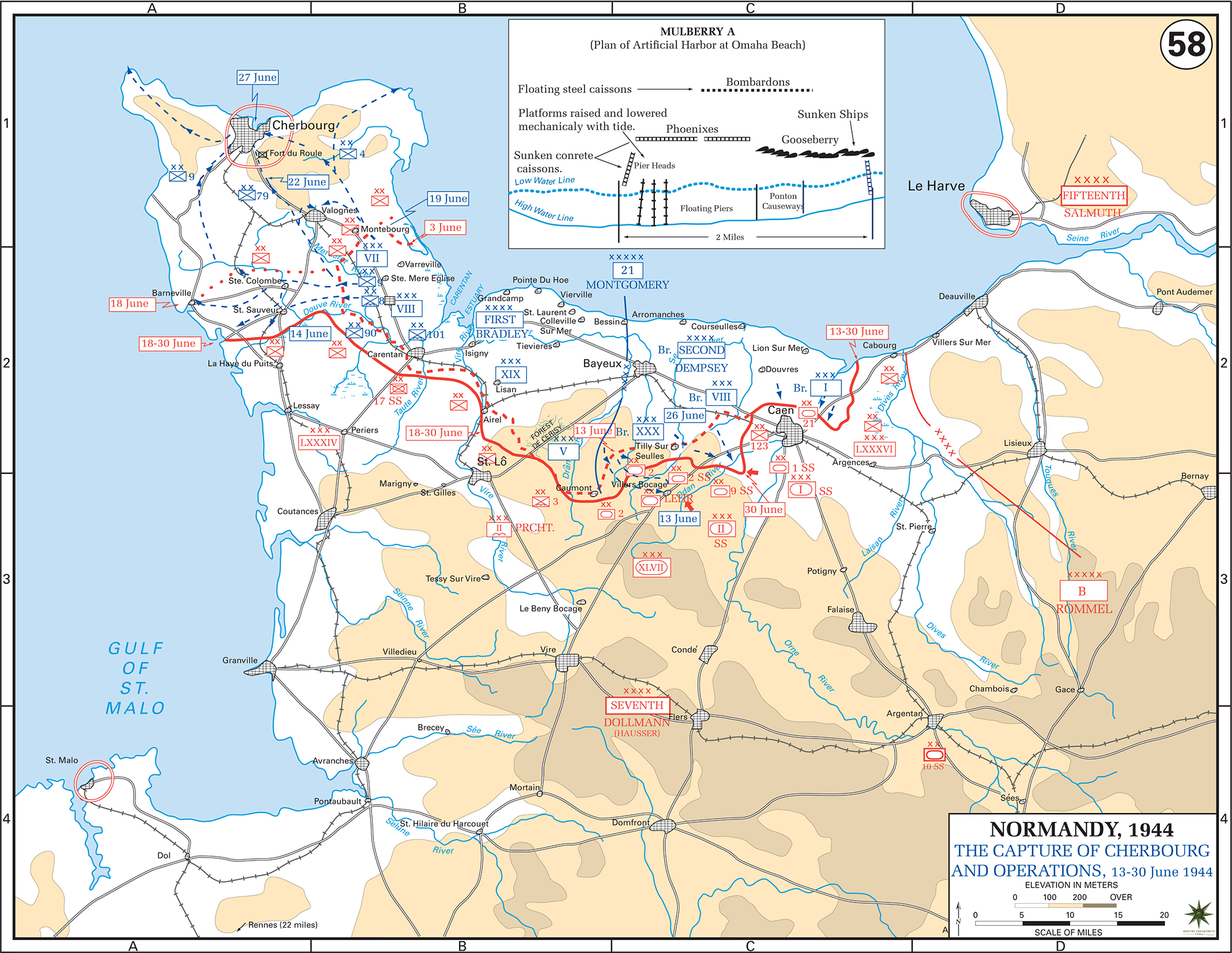 Map of WWII: Normandy. Operations June 13-30, 1944. Capture of Cherbourg.