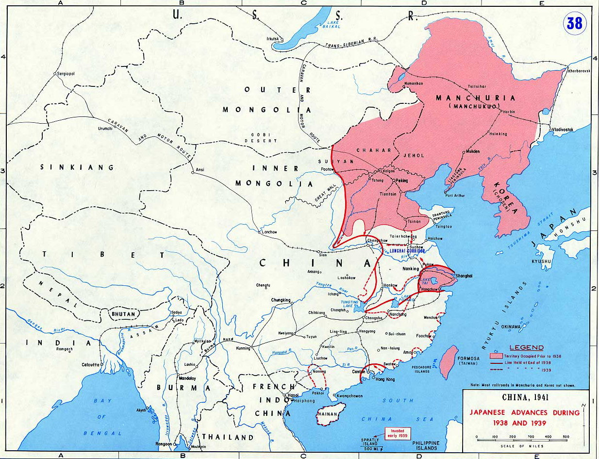 Map of China. Territory Occupied Prior to 1938. Japanese Advances in China During 1938 and 1939.