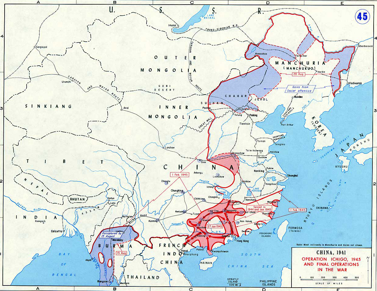 Map of World War II: China 1945. Operation ICHIGO. Final Operations in the War.