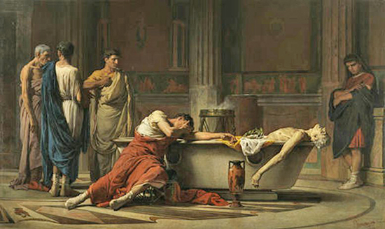 After cutting his veins, Seneca gets into the Bathtub while his sorrowful friends swear their hate - Painting by Manuel Domnguez Snchez