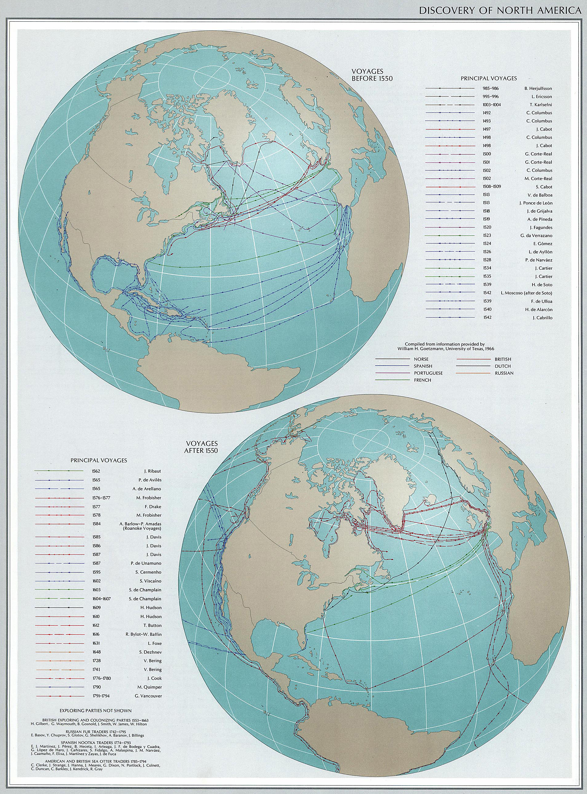 Map of the Discovery of North America. Voyages before and after 1550