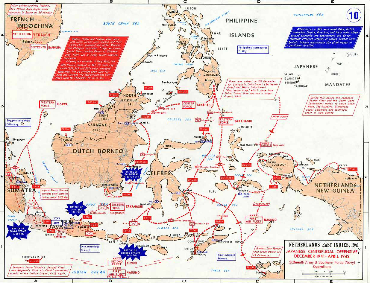 Map of World War II: Southeast Asia. Dutch East Indies. Japanese Centrifugal Offensive, December 1941 - April 1942.