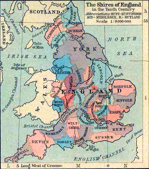 Map of the Shires of England in the Tenth Century