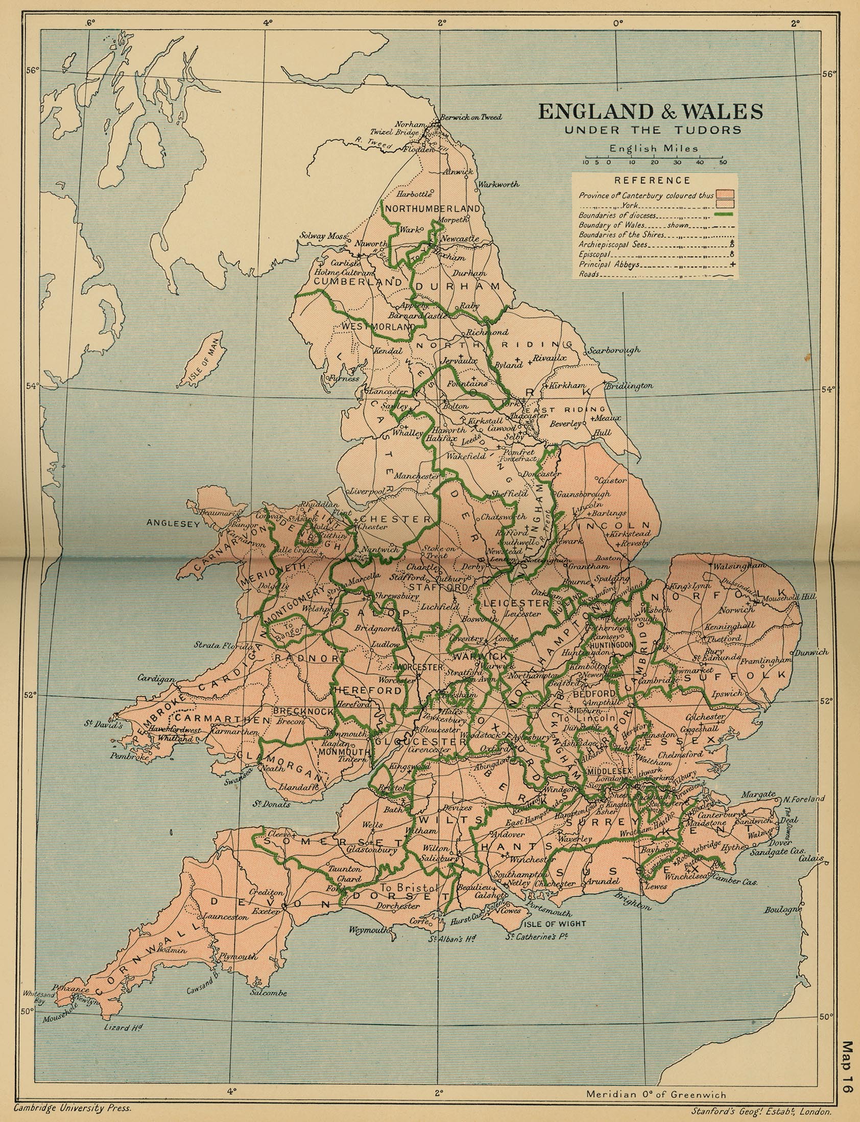 Map of England and Wales under the Tudors