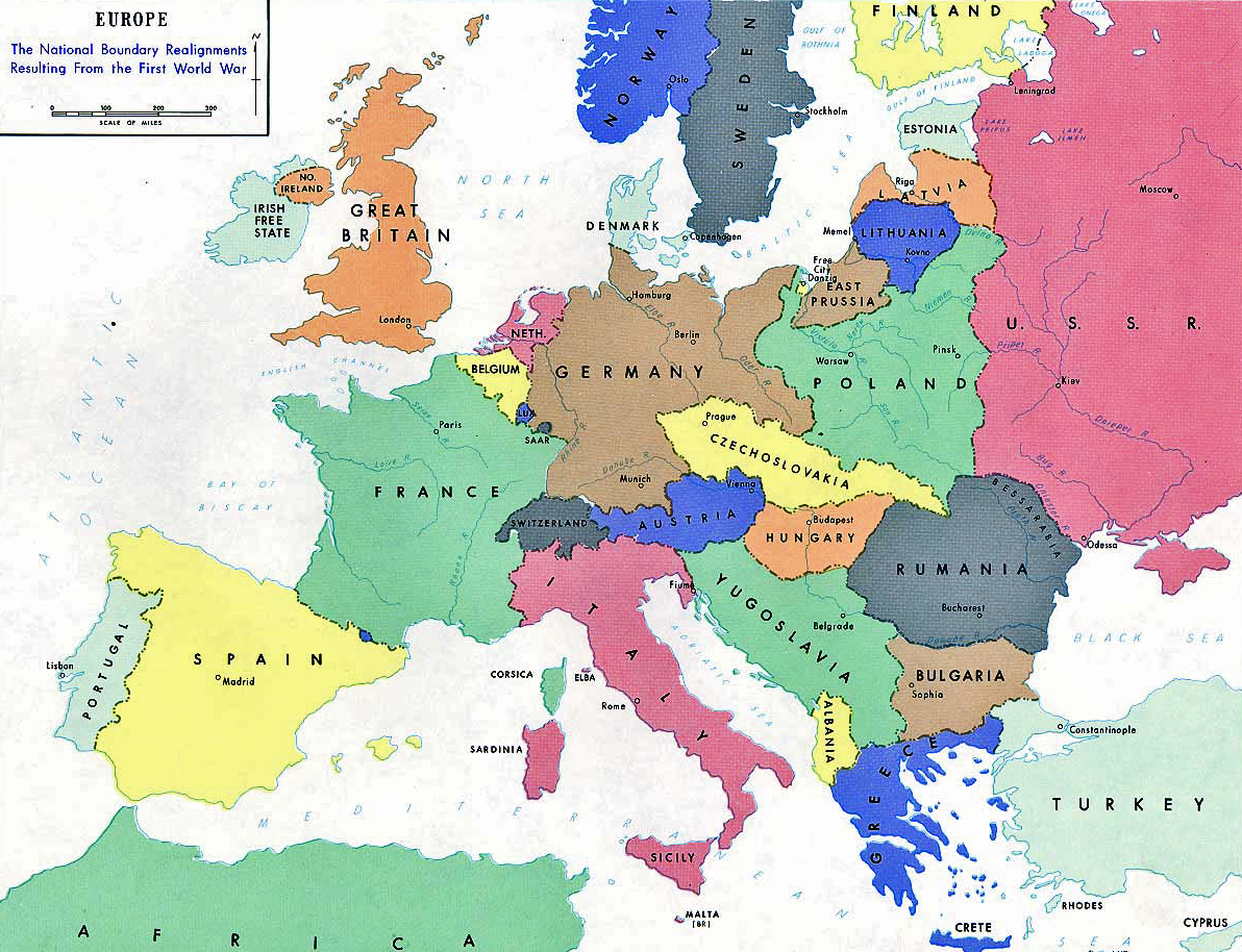 Map of Europe in 1919: the national boundary realignments resulting 