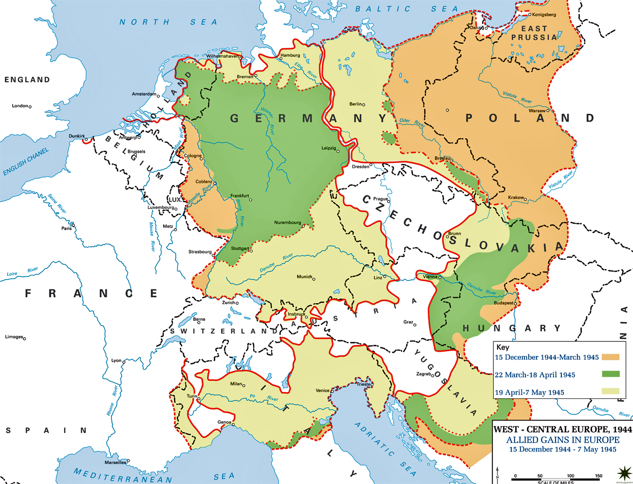 Map of WWII: Allied Gains in Europe - December 15, 1944-May 7, 1945