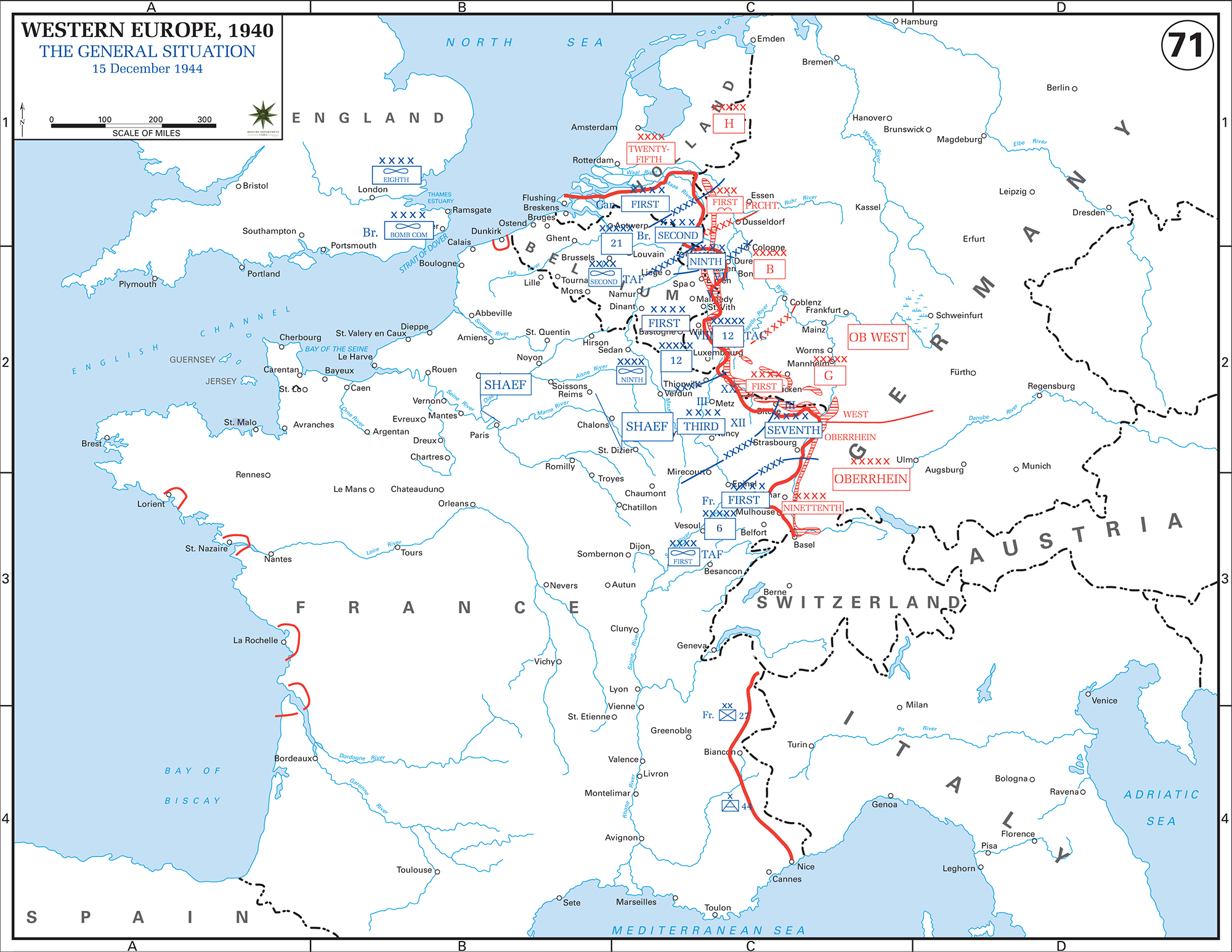 Map of World War II: Western Europe, The General Situation on December 15, 1944.