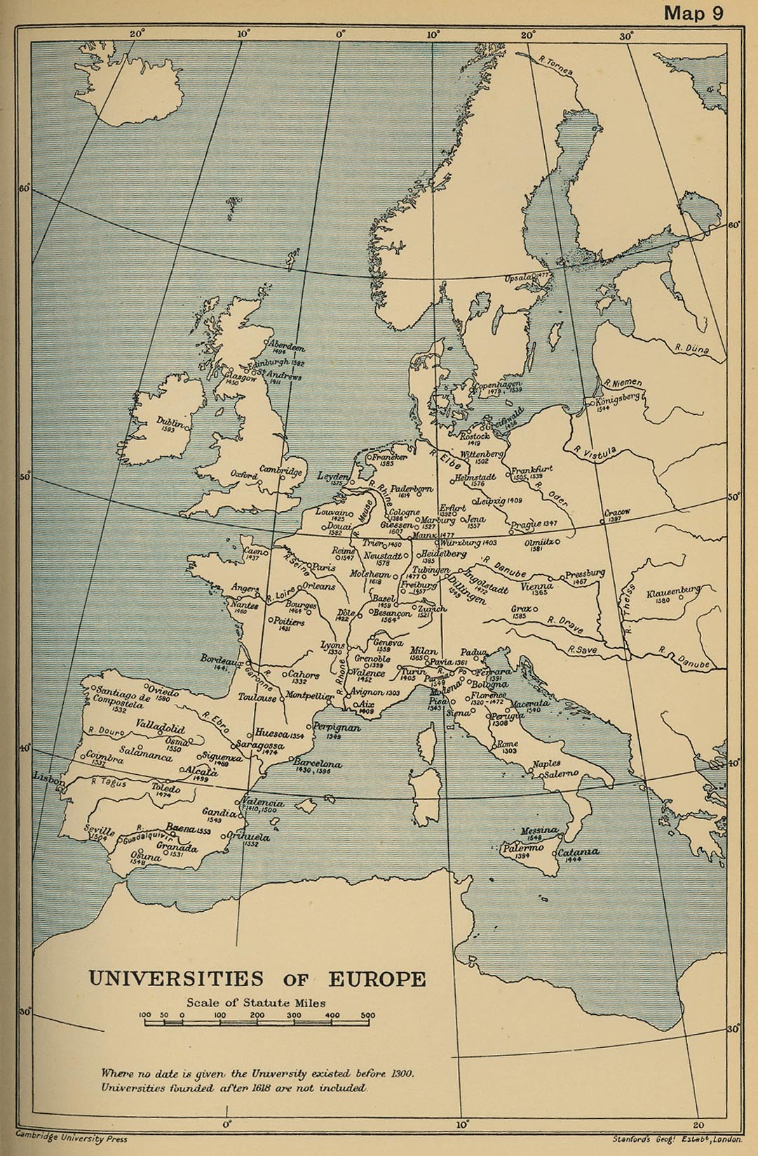 Map of the Universities of Europe until 1618