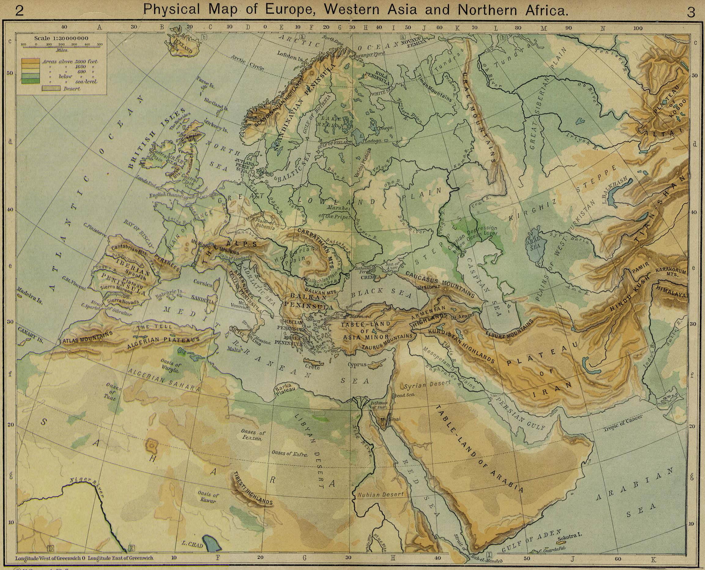 Physical Map of Europe, Western Asia and Northern Africa