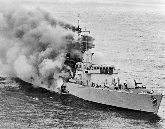 The Destroyer HMS Sheffield on Fire During the Falklands War - May 4, 1982