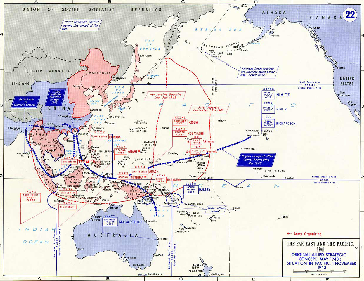Map of World War II: Far East and the Pacific. Original Allied Strategic Concept, May 1943, and Situation in the Pacific November 1, 1943.