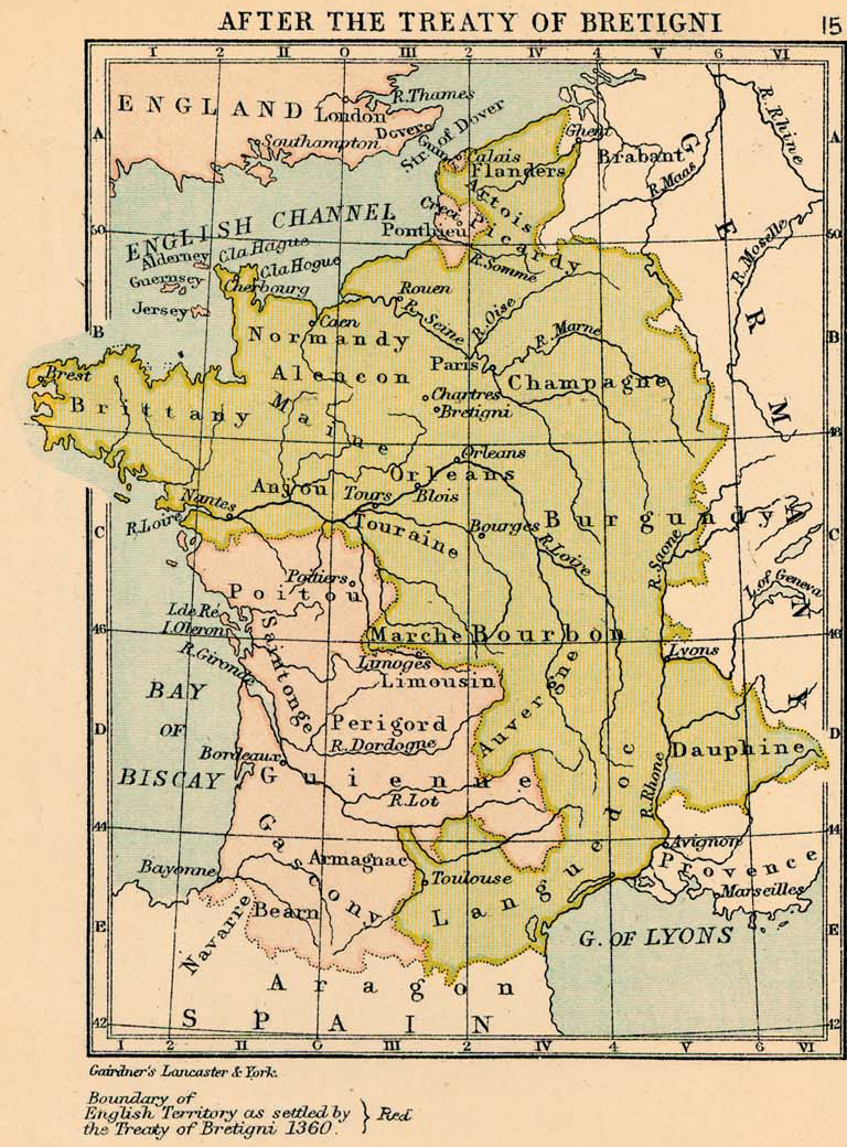 Map of France after the Treaty of Bretigni (Bretigny) 1360