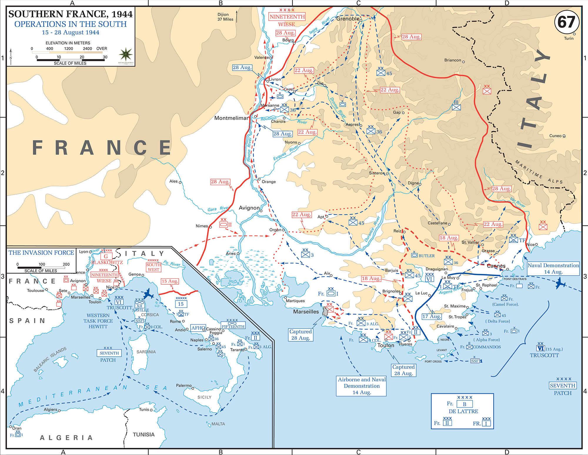 Map of WWII: Western Europe. Invasion of Southern France. Operations August 15-28, 1944.