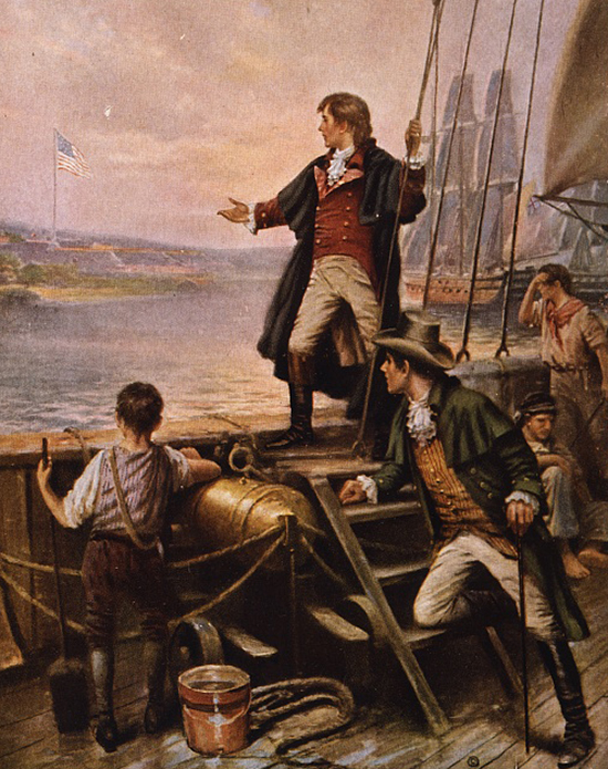 Francis Scott Key onboard watching the Star-Spangled Banner September 14, 1814