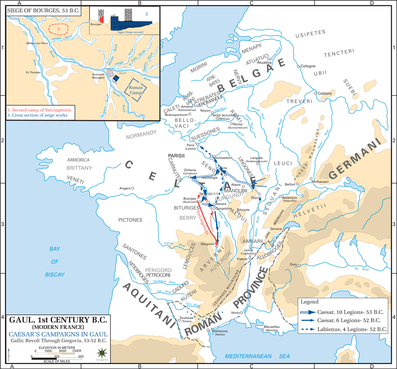 Map of the Gallic Revolt Through Gergovia 53-52 BC