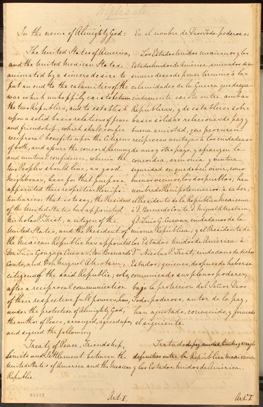 Treaty of Guadalupe Hidalgo, 1848 - First Page