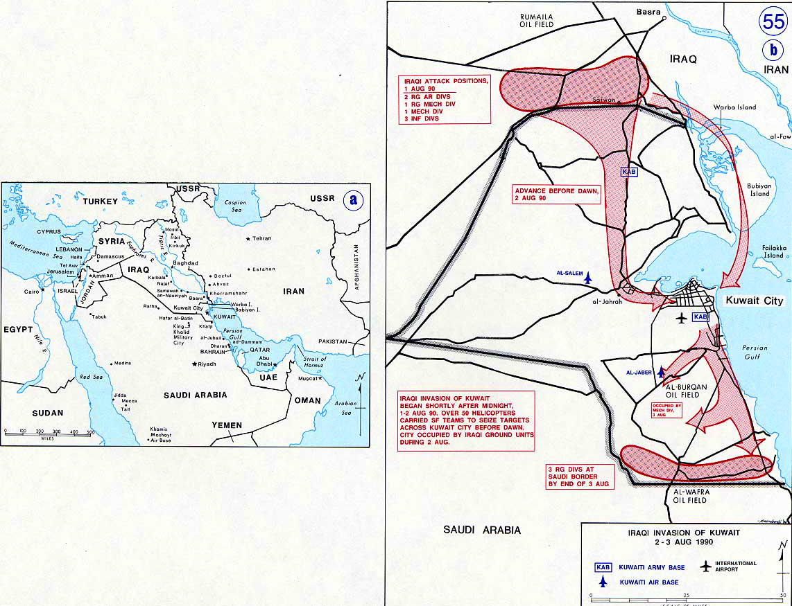 History Map of the Gulf War, Iraqi Invasion of Kuwait, 1990.