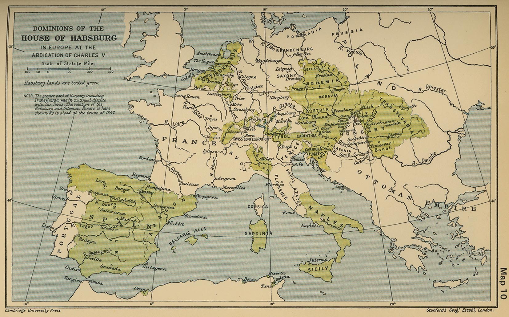 Map of the Dominions of the House of Habsburg in Europe at the Abdication of Charles V, 1558