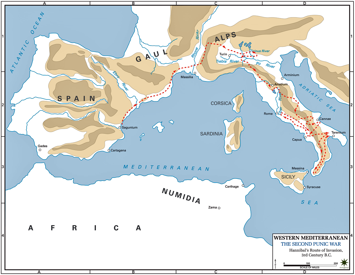 Map of Hannibal's Invasion of Italy in 218 BC
