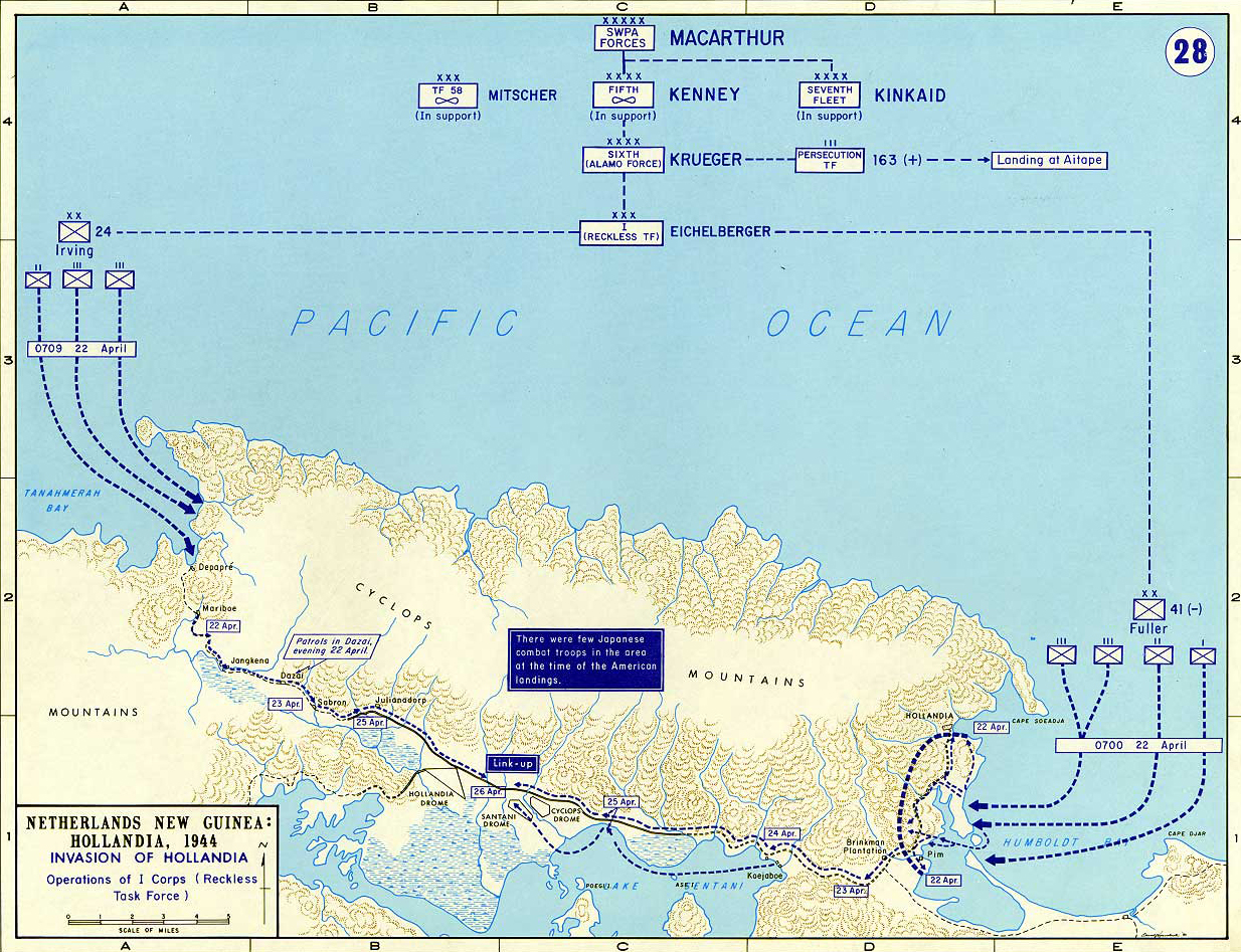 Map of World War II: The Pacific. Netherlands New Guinea, Invasion of Hollandia, 1944.
