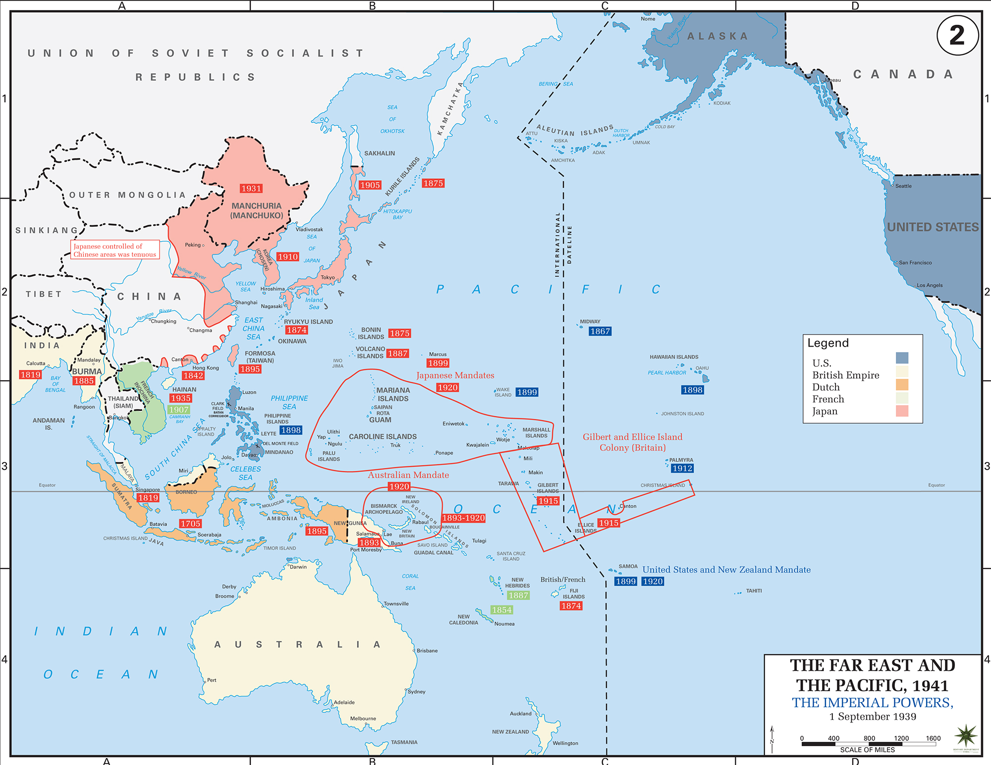 Map of World War II: The Far East and the Pacific. The Imperial Powers, September 1, 1939.