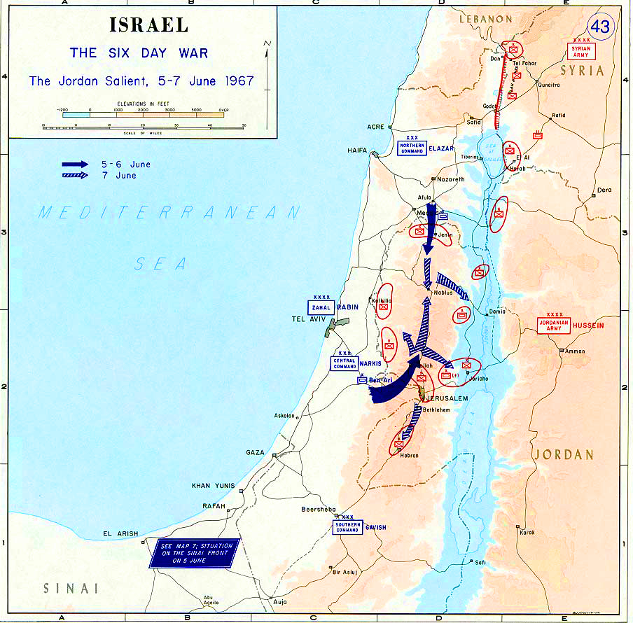 History Map of Israel: The Six Day War, The Jordan Salient, June 5-7, 1967.
