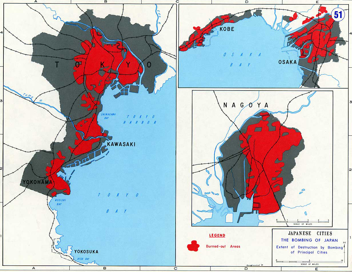 Map of World War II: Japan 1945. The Bombing of Japanese Cities. Extent of Destrution by Bombing of Principal Cities.