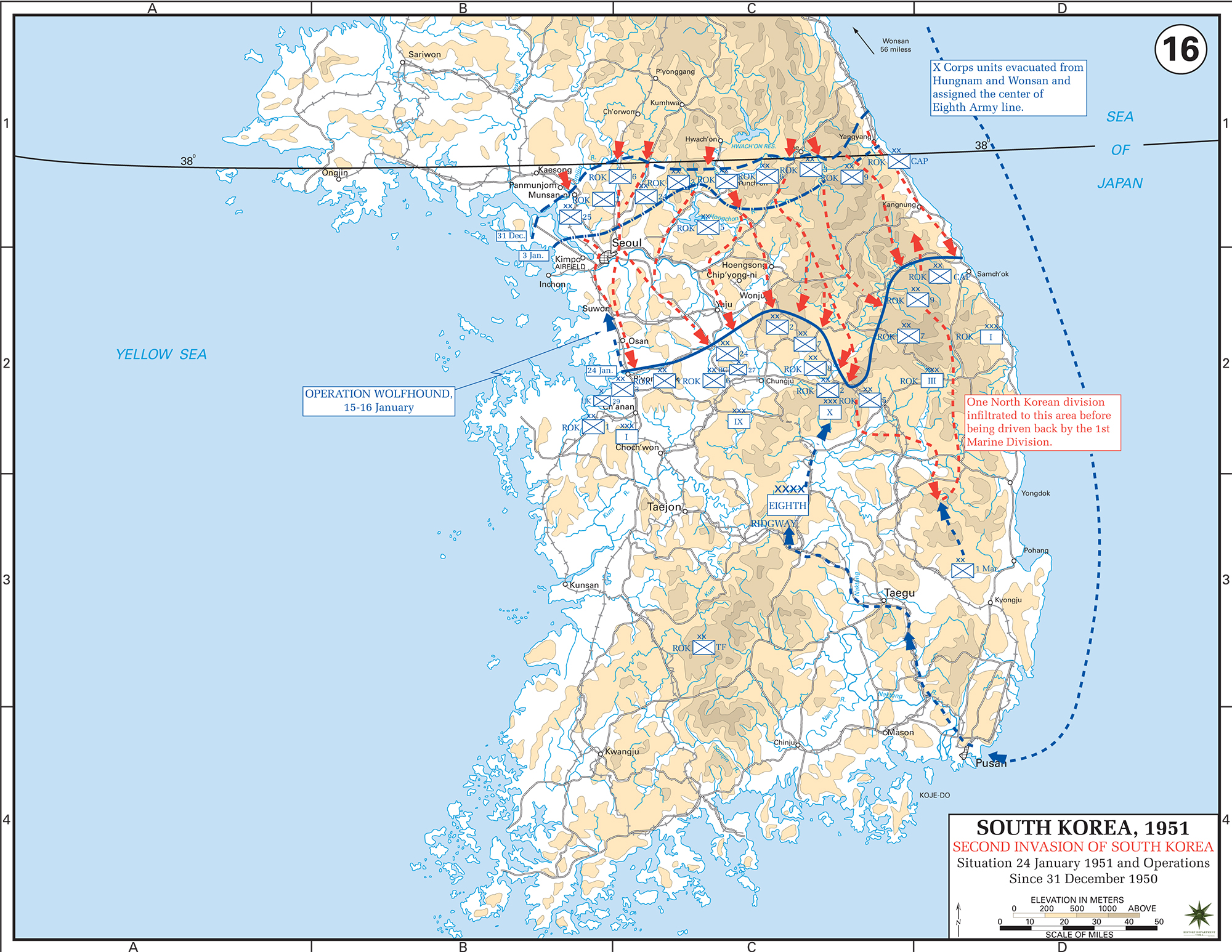 Map of the Korean War: South Korea. Second Invasion of South Korea, Situation January 24, 1951, Operations Since December 31, 1950.