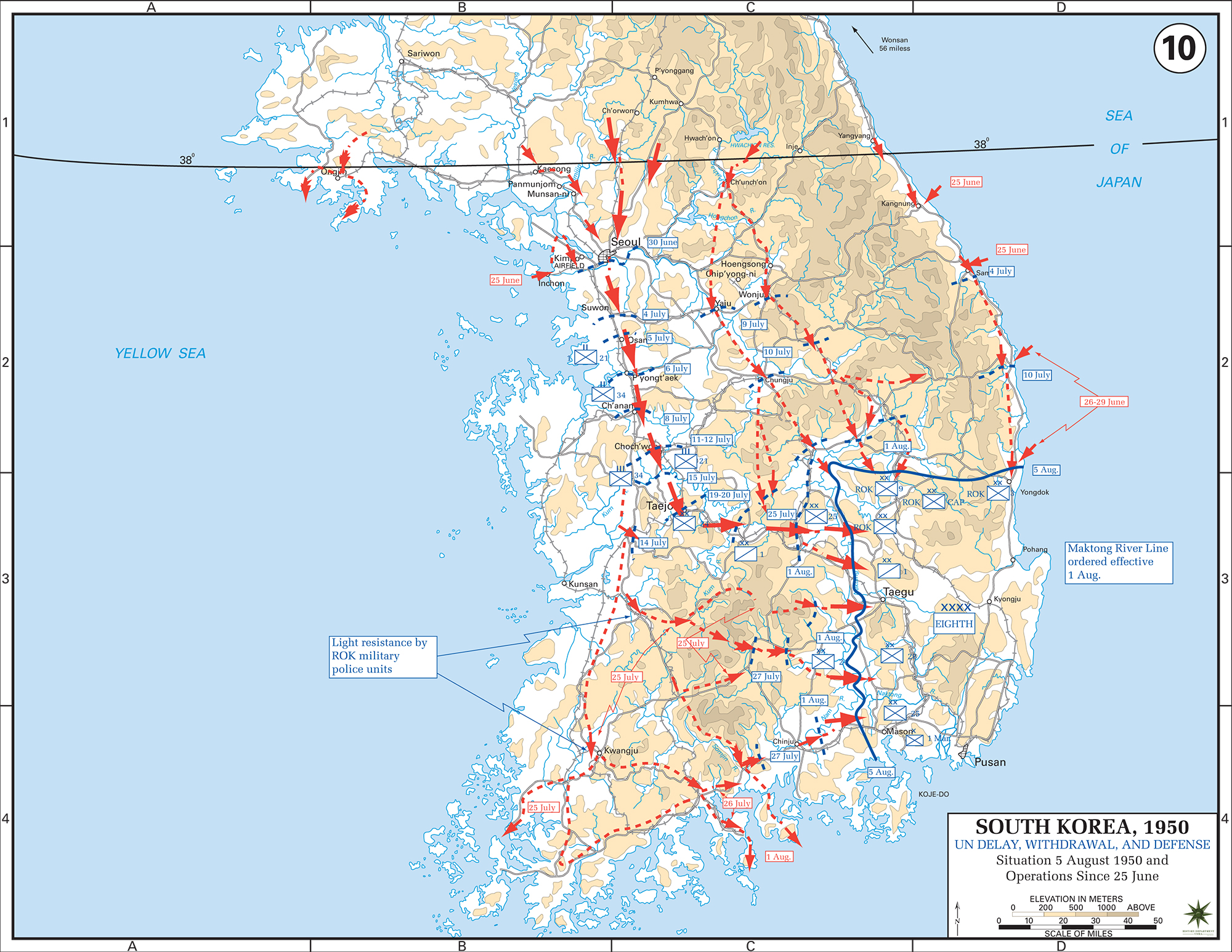 Map of the Korean War: U.N. Delay, Withdrawal and Defense, Operations June 25 - August 5, 1950.