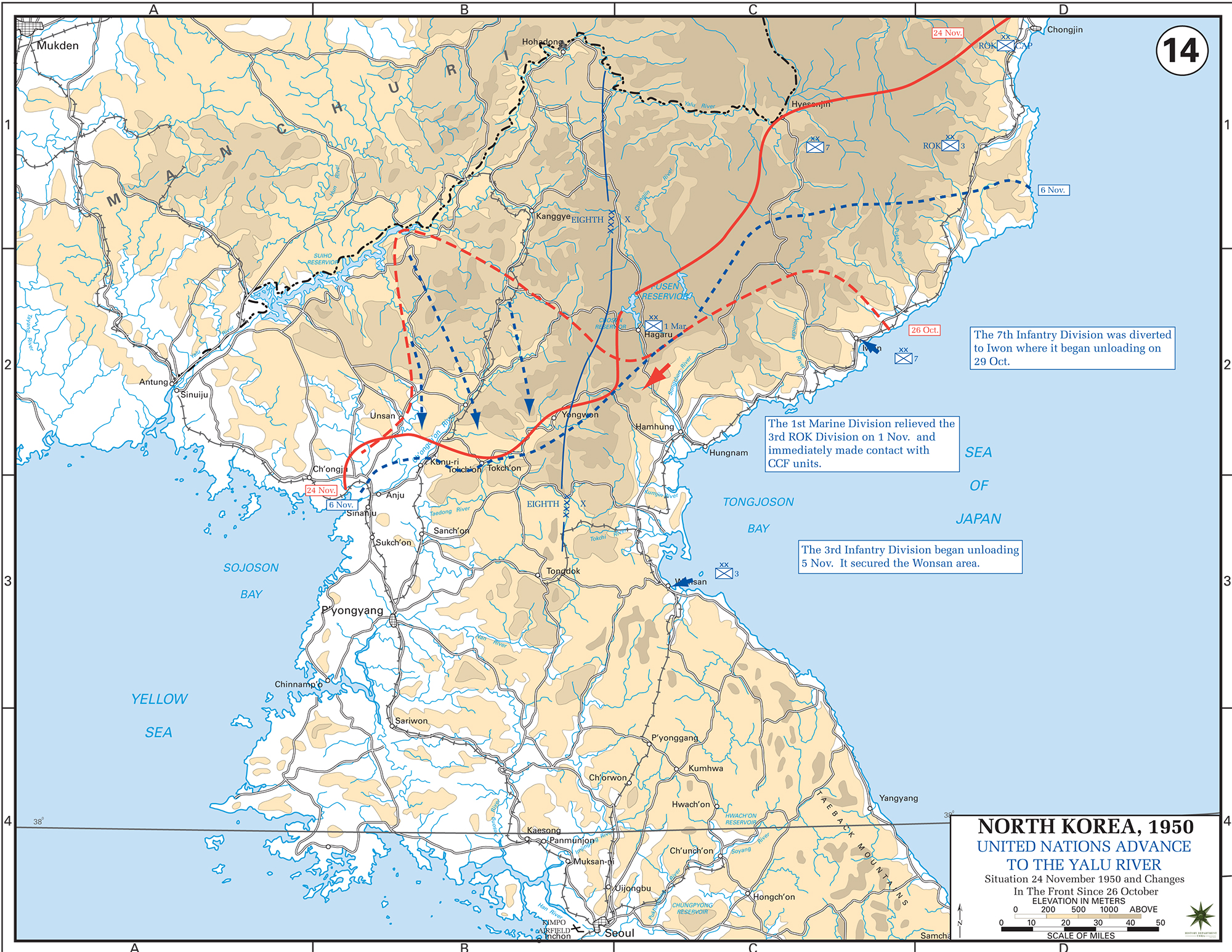 Map of the Korean War: North Korea. U.N. Advance to the Yalu River, Situation November 24, 1950, Operations Since October 26, 1950.