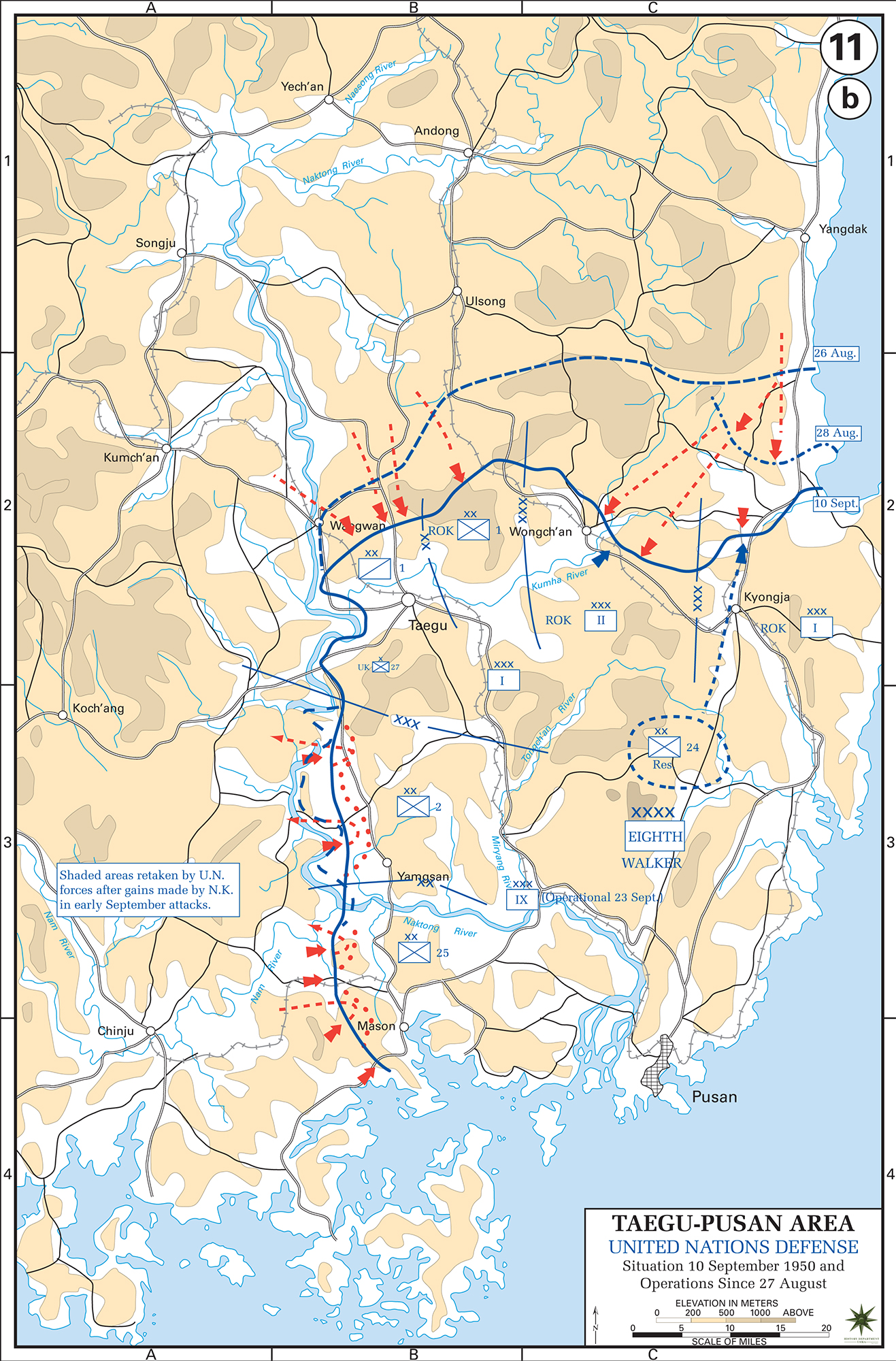 Map of the Korean War: Taegu-Pusan Area, U.N. Defense, Situation September 10, 1950, Operations Since August 27, 1950.