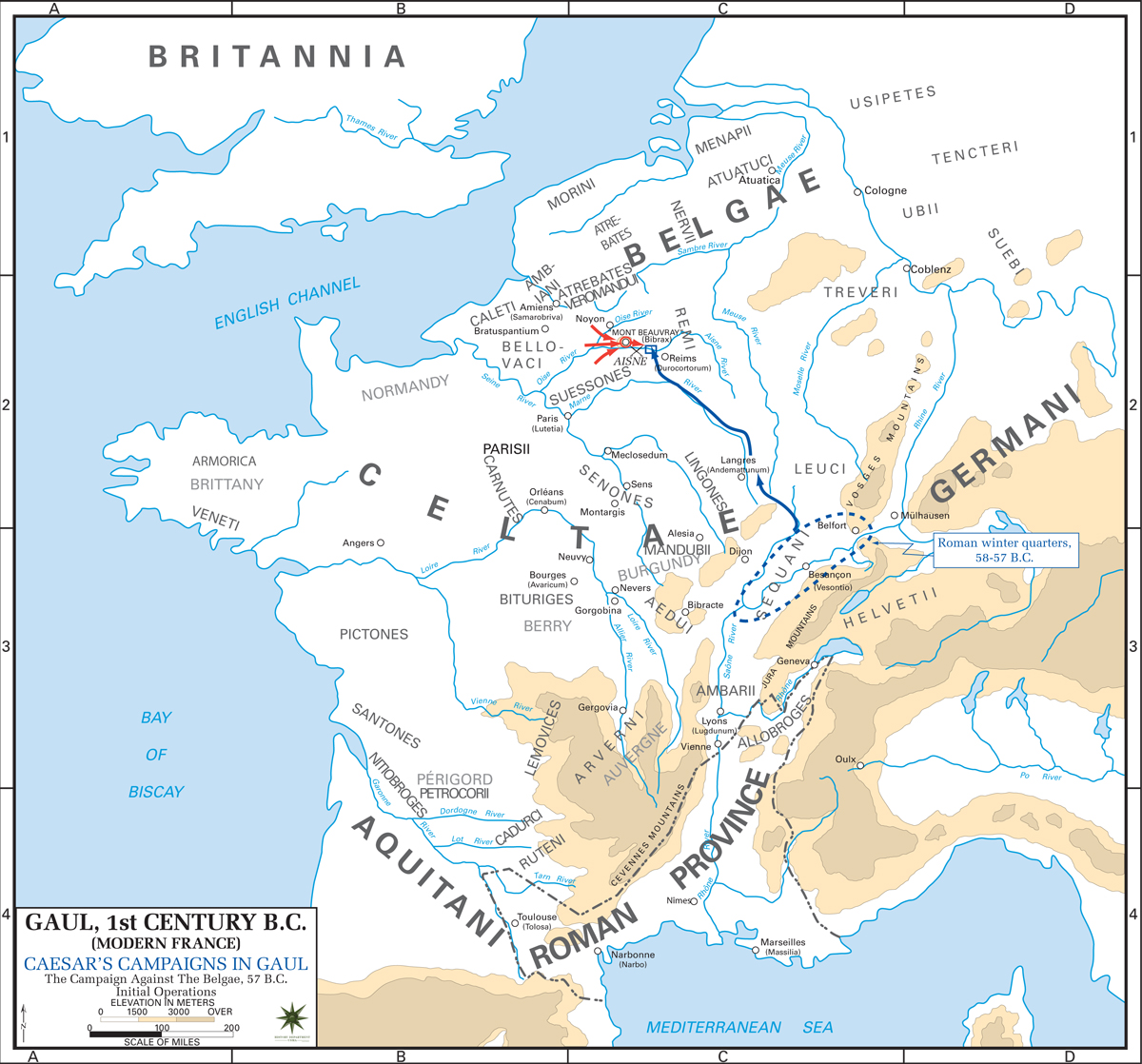 Historical Map of Caesar's Campaign Against the Belgae 57 BC - Initial Operations