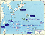 Map of World War II: The Western Pacific 1945. Allied Invasions of Iwo Jima and Okinawa (Operation Iceberg) 1945.